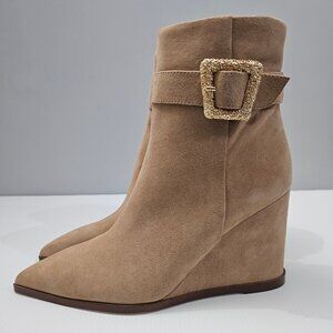 NEW Sam Edelman Weslie Ankle Bootie Womens 7 Tan Suede Wedge Pointed Toe Buckle